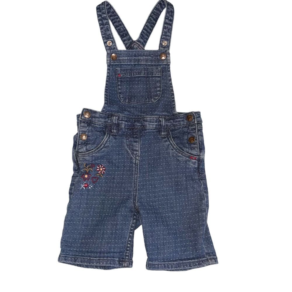 Hanna Andersson Denim Short Overalls Size 5 110 Floral Embroidered Bibs Blue